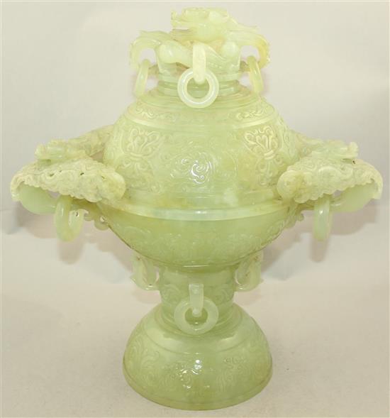 A large Chinese bowenite jade censer and cover, 20th century, 35cm
